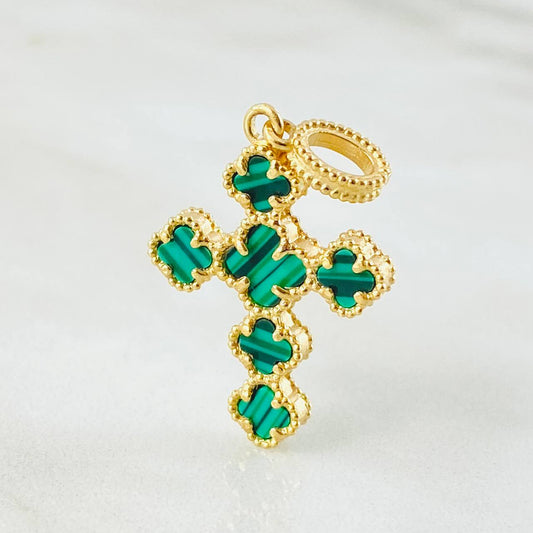 Dije Crúz Trebol Malaquita Verde 2.8gr / 1 1/4 in / Oro Amarillo Nac.Esp. 18K