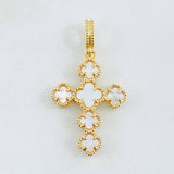 Dije Crúz Trebol Nacar Blanco 3gr / 1 1/4 in / Oro Amarillo Nac.Esp. 18K