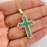 Dense Cross Pendant Emeralds 75 pts Diamonds 32 pts 6.7gr / 1 3/4 in / Two Yellow White Golds 18K %
