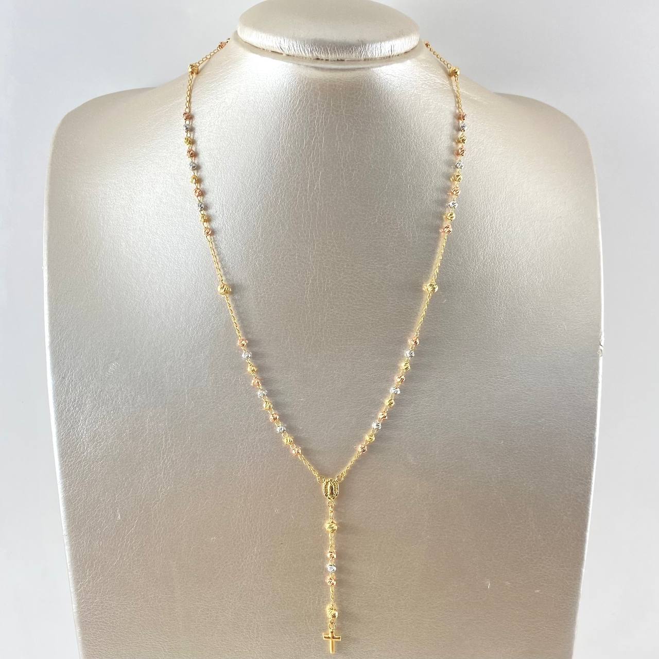 Rosario Virgen Guadalupe 6.95gr / 45cm / 3mm-4mm Bolas Diamantadas Cruz Lisa Tres Oros 18K *