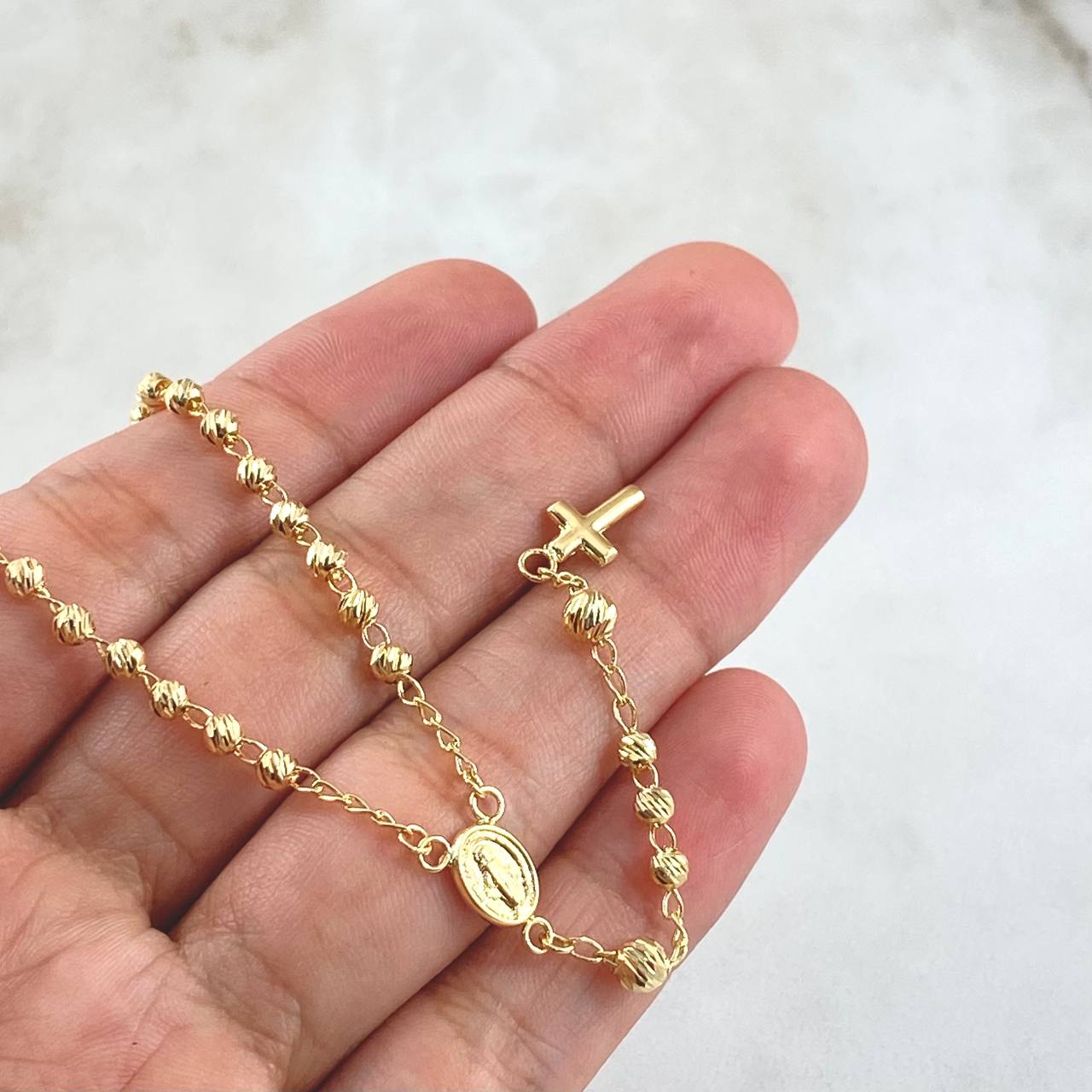 Rosario Virgen Milagrosa 7.75gr / 50cm / 3mm-4mm Bolas Diamantadas Crúz Lisa Oro Amarillo 18K