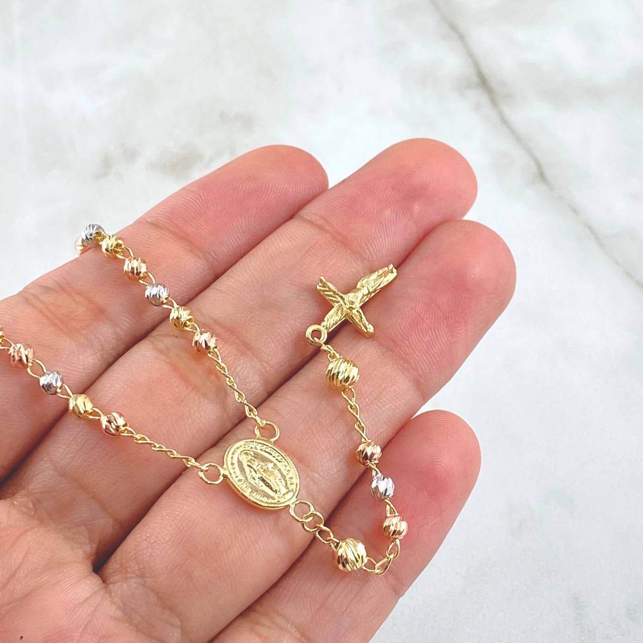 Miraculous Virgin Rosary 7.5gr / 45cm / 3mm-4mm Beads Diamond Cut Cross Cristo Basto Screwed Three 18K Gold *
