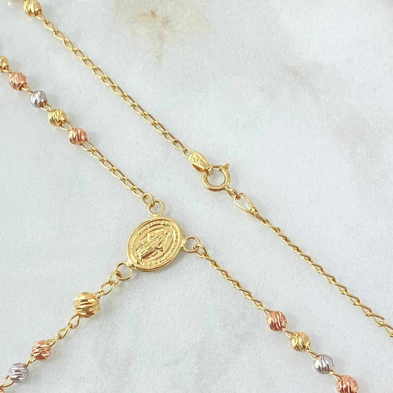 Rosario Virgen Milagrosa 7.2gr / 45cm / 3mm-4mm Bolas Diamantadas Tres Oros 18K *