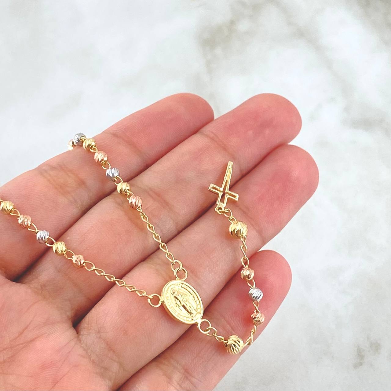 Rosario Virgen Milagrosa 7.2gr / 45cm / 3mm-4mm Bolas Diamantadas Tres Oros 18K *