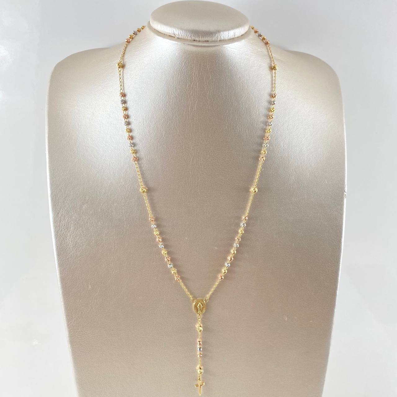 Rosario Virgen Milagrosa 7.2gr / 45cm / 3mm-4mm Bolas Diamantadas Tres Oros 18K *