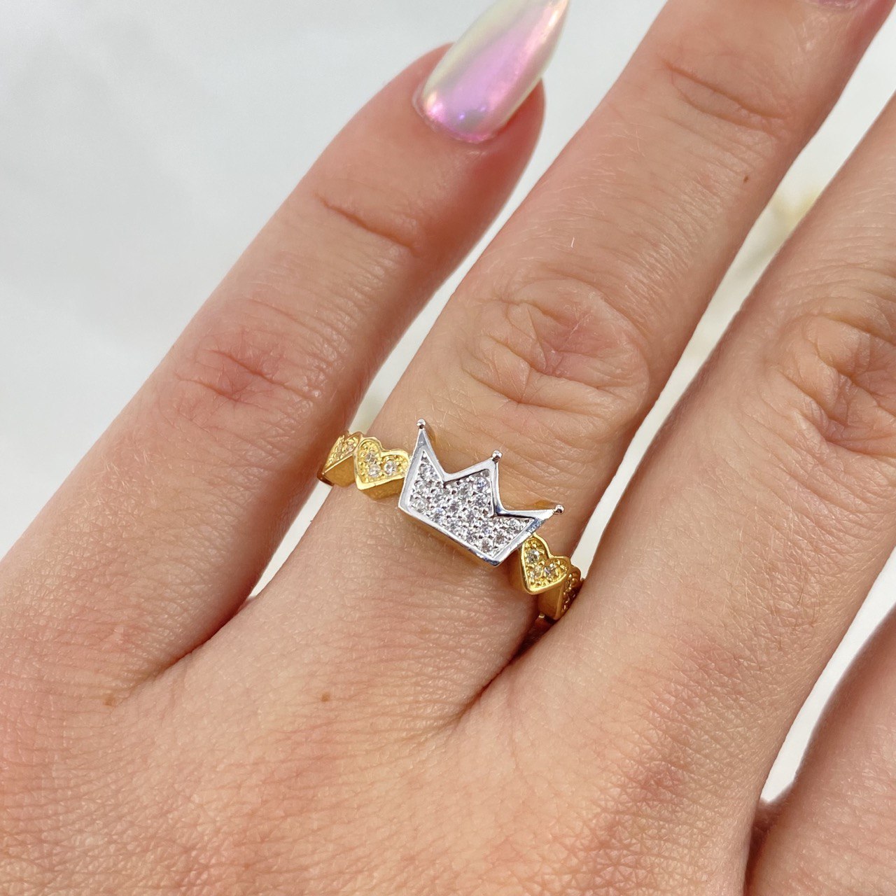 Anillo Corona Corazones 2.8gr / T7 / Dos Oros Amarillo Blanco 18K ©