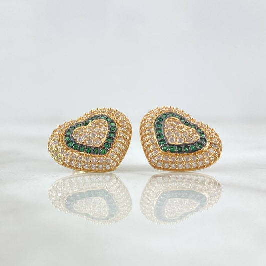 Stud Earrings Internal Stuffed Hearts 4.65gr / 1.5cm / White Green Zircons 18K Yellow Gold *