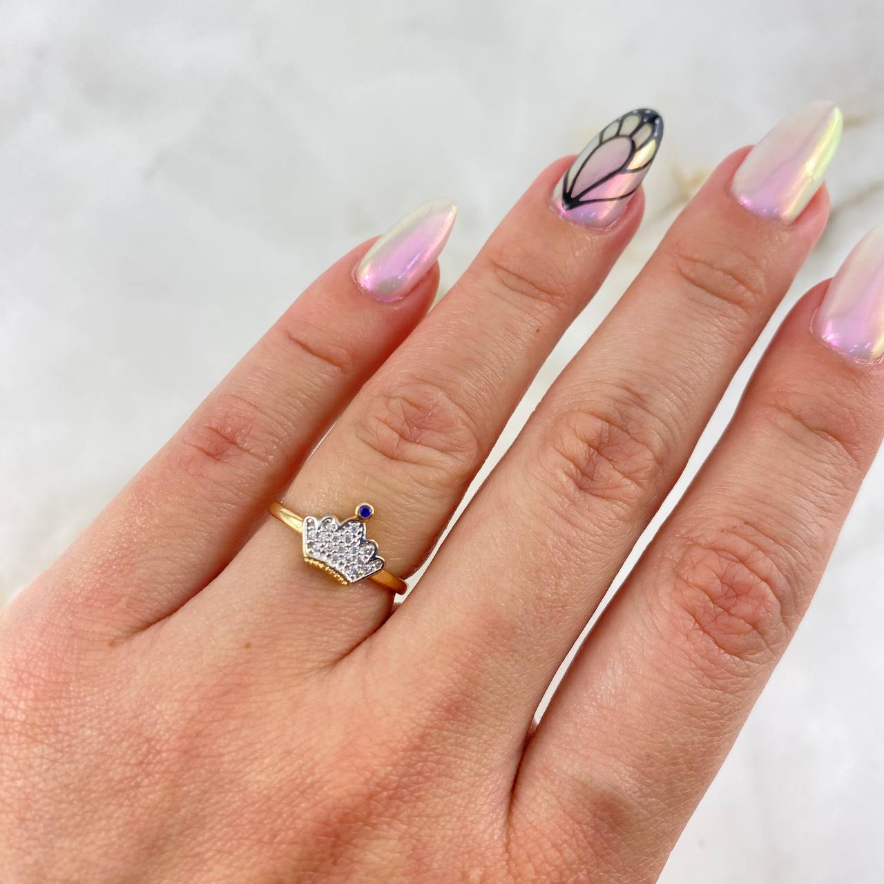 Crown Ring 1.8gr / T4 1/2 / White-Purple Zircons Yellow Gold