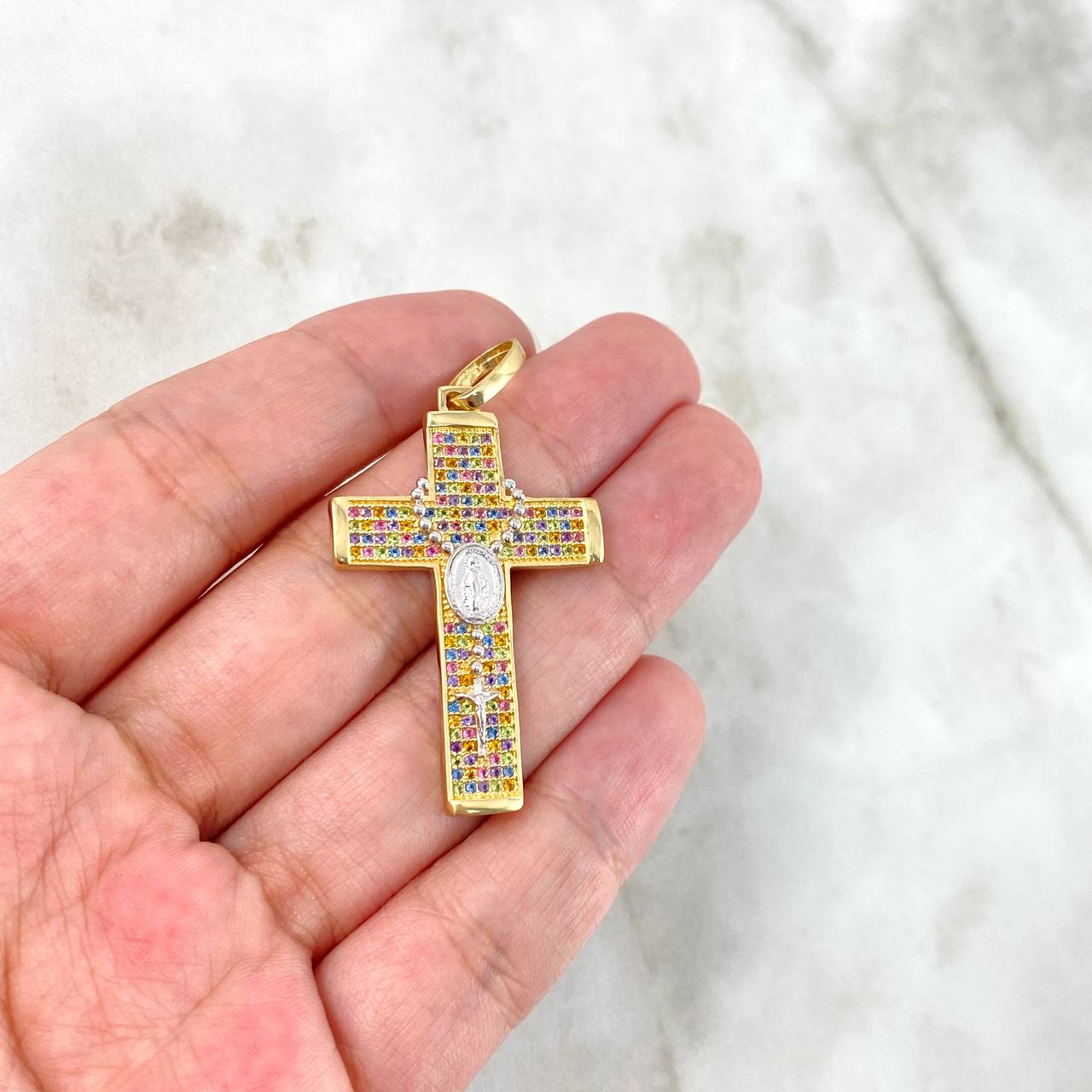 Pendant Cruz Rosario Milagrosa 5.75gr / 4.9cm / Colored Zircons Yellow Gold