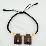 Pulsera Tejida Negra Escapulario Cilindros Diamantados 6Und Oro Amarillo 18K
