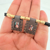 Pulsera Tejida Negra Escapulario Cilindros Diamantados 6Und Oro Amarillo 18K