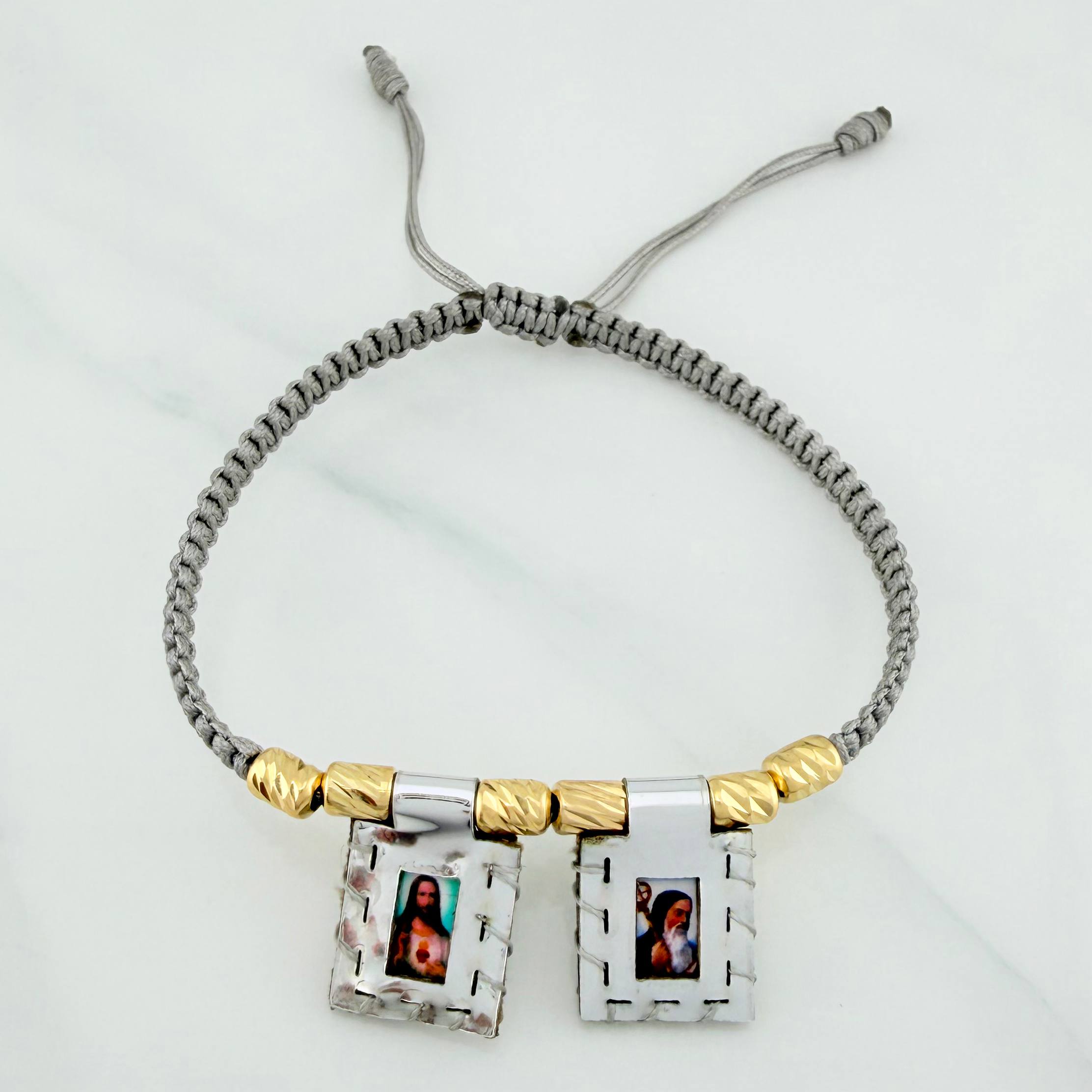 Pulsera Tejida Gris Escapulario Cilindros Diamantados 6Und Oro Amarillo 18K