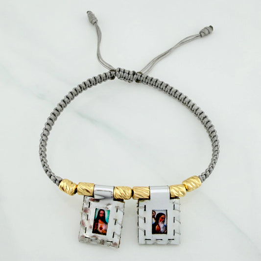 Pulsera Tejida Gris Escapulario Cilindros Diamantados 6Und Oro Amarillo 18K