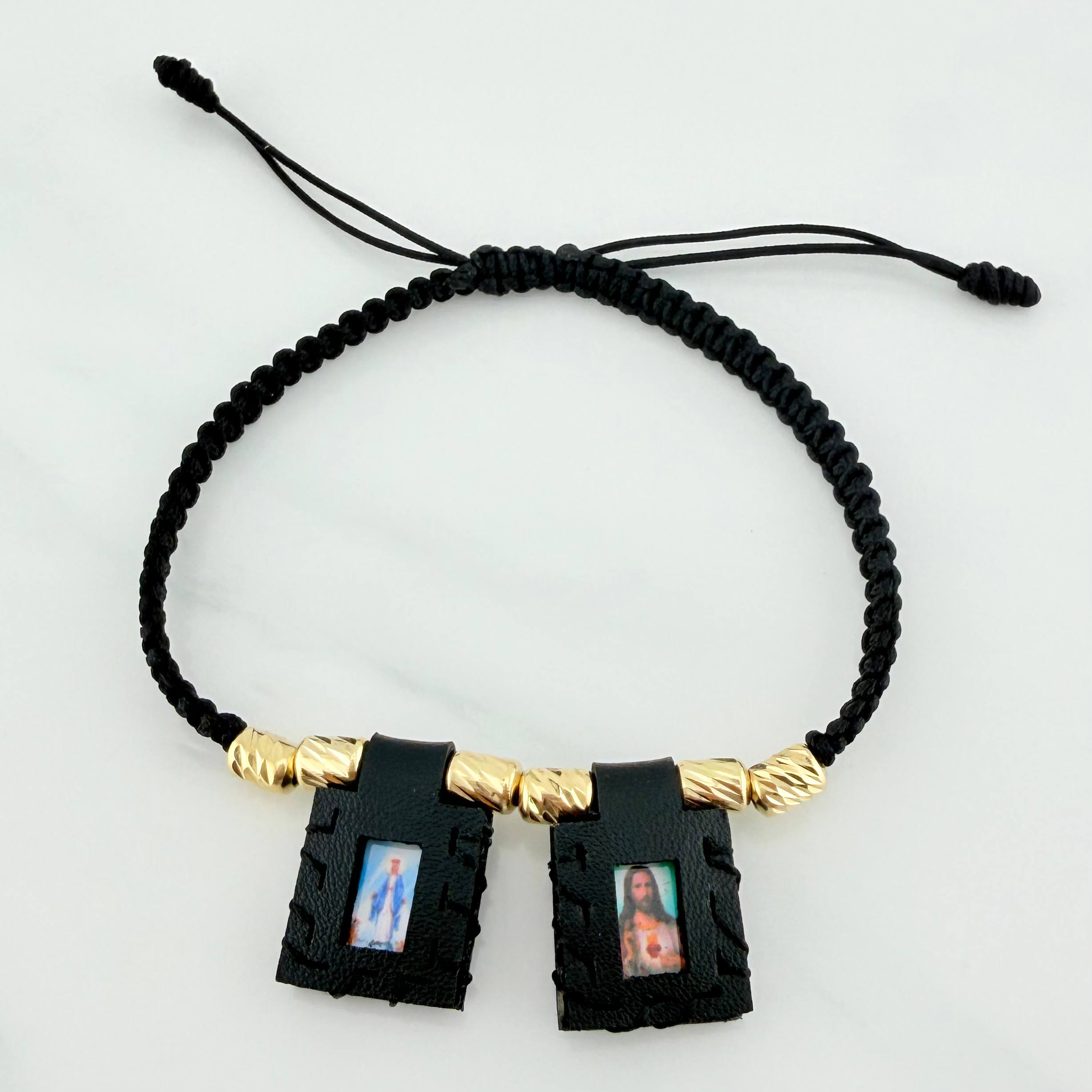 Black Woven Bracelet Scapular Diamond Cut Cylinders 6Units Yellow Gold 18K
