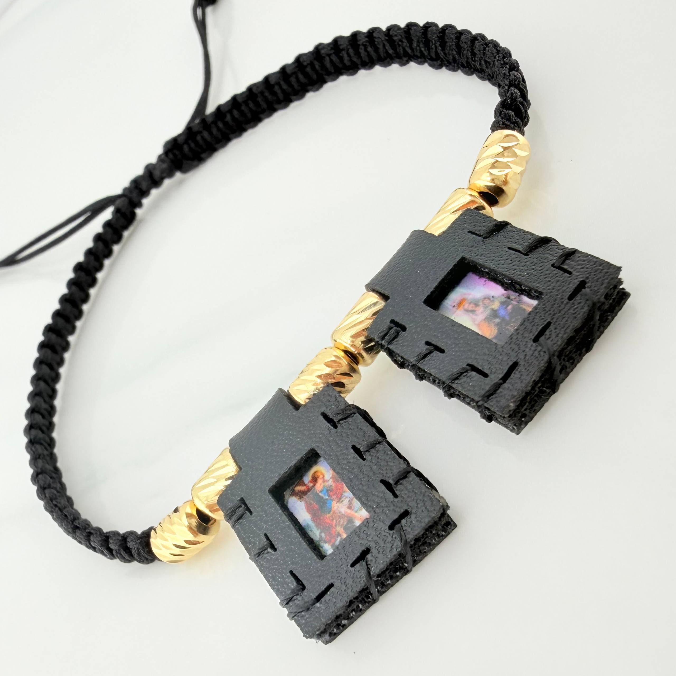 Black Woven Bracelet Scapular Diamond Cut Cylinders 6Units Yellow Gold 18K