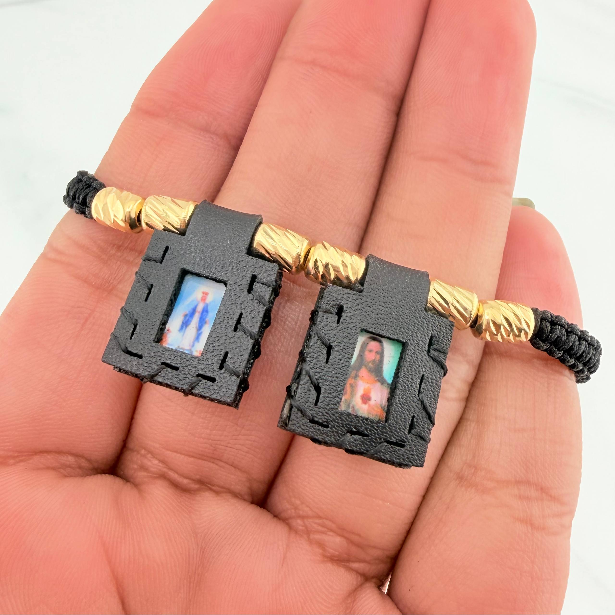 Black Woven Bracelet Scapular Diamond Cut Cylinders 6Units Yellow Gold 18K