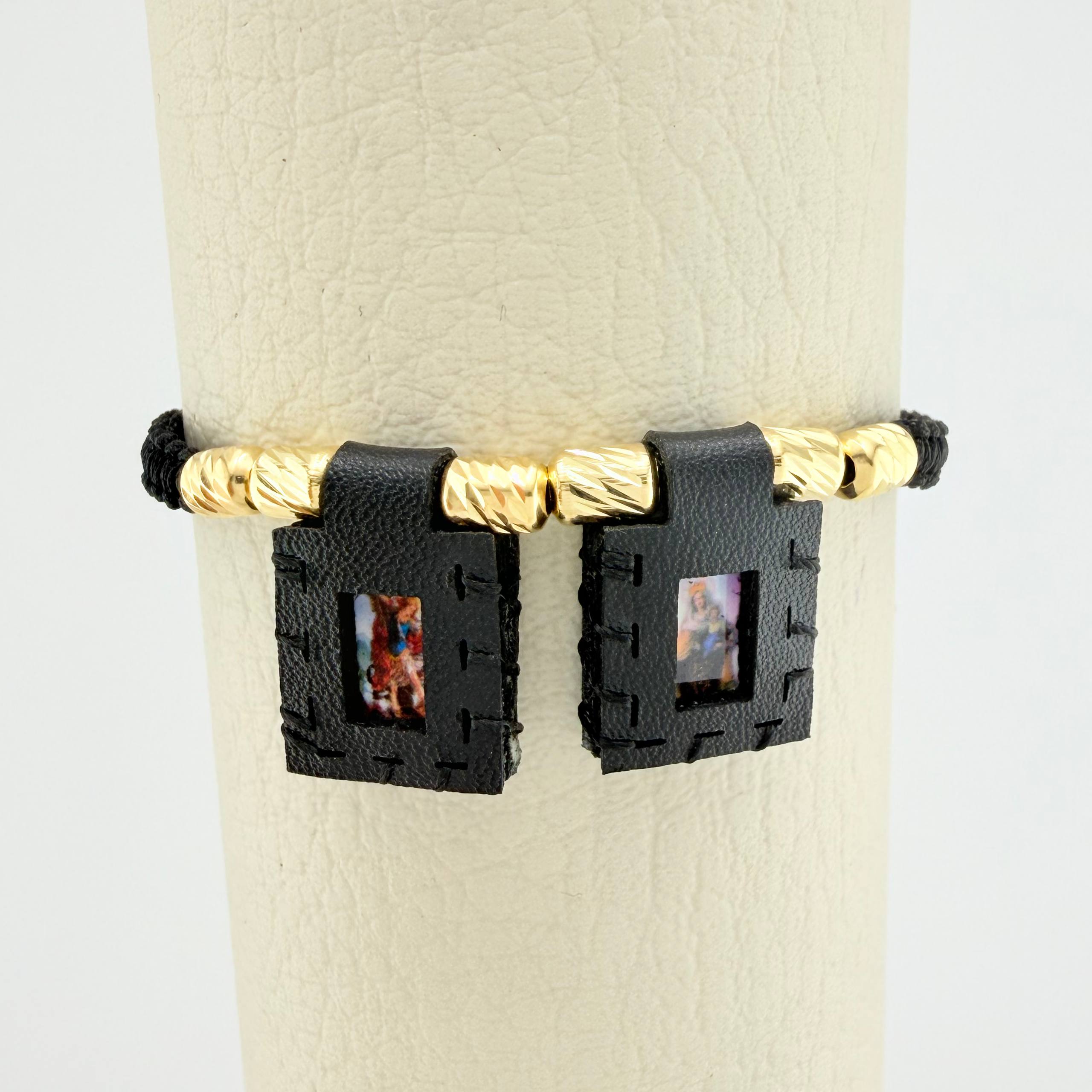 Black Woven Bracelet Scapular Diamond Cut Cylinders 6Units Yellow Gold 18K