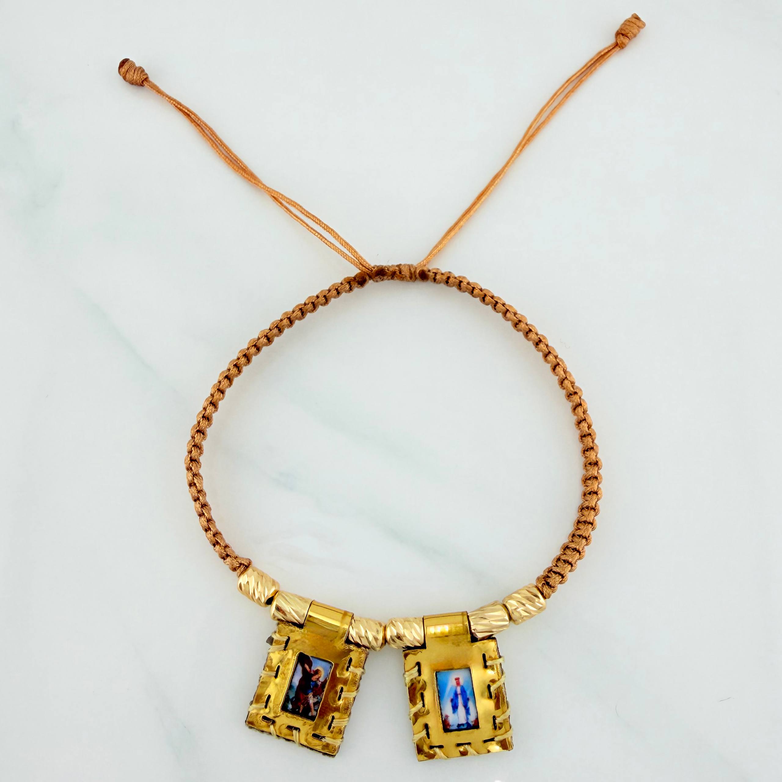 Woven Khaki Bracelet Scapular Diamond Cut Cylinders 6Units Yellow Gold 18K