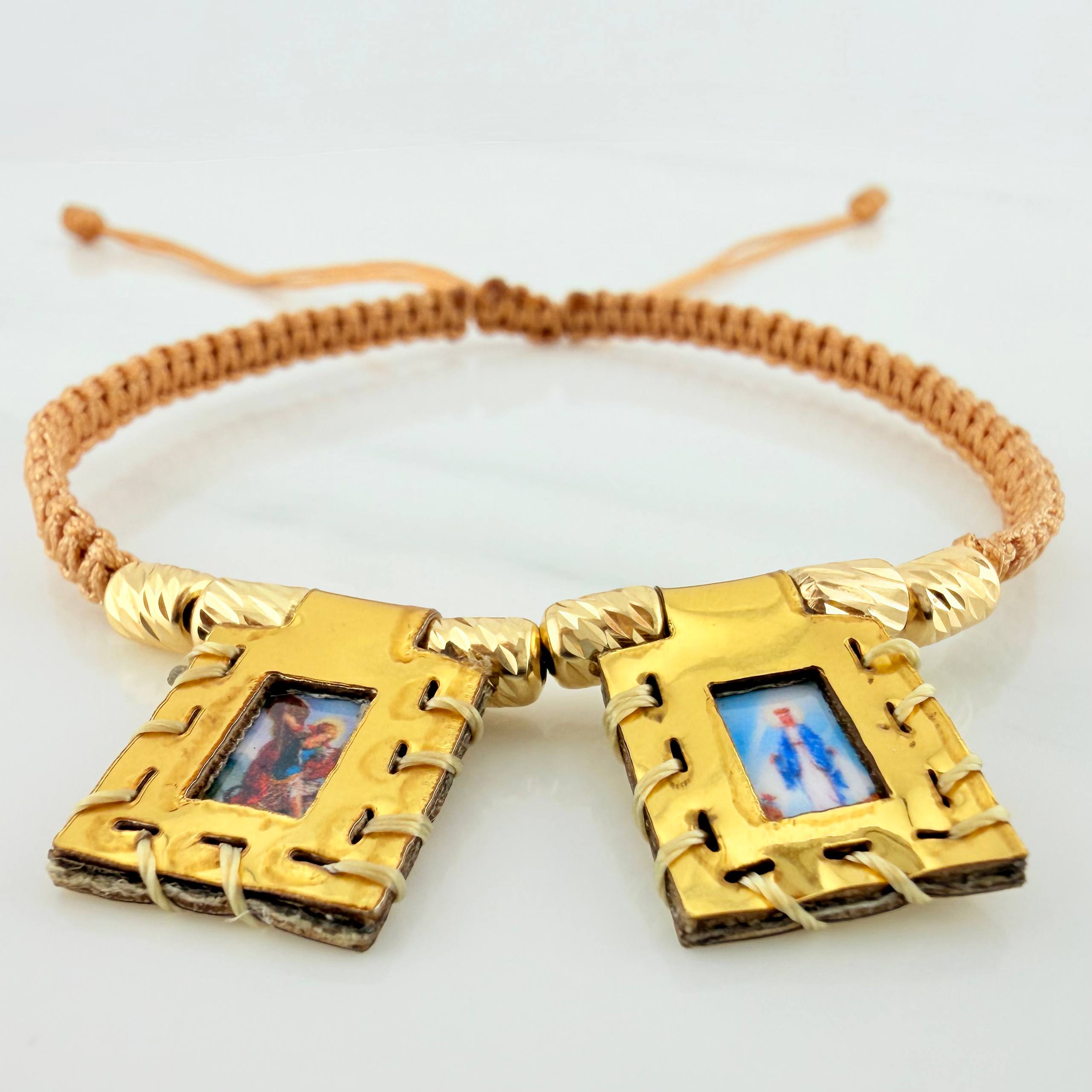 Woven Khaki Bracelet Scapular Diamond Cut Cylinders 6Units Yellow Gold 18K
