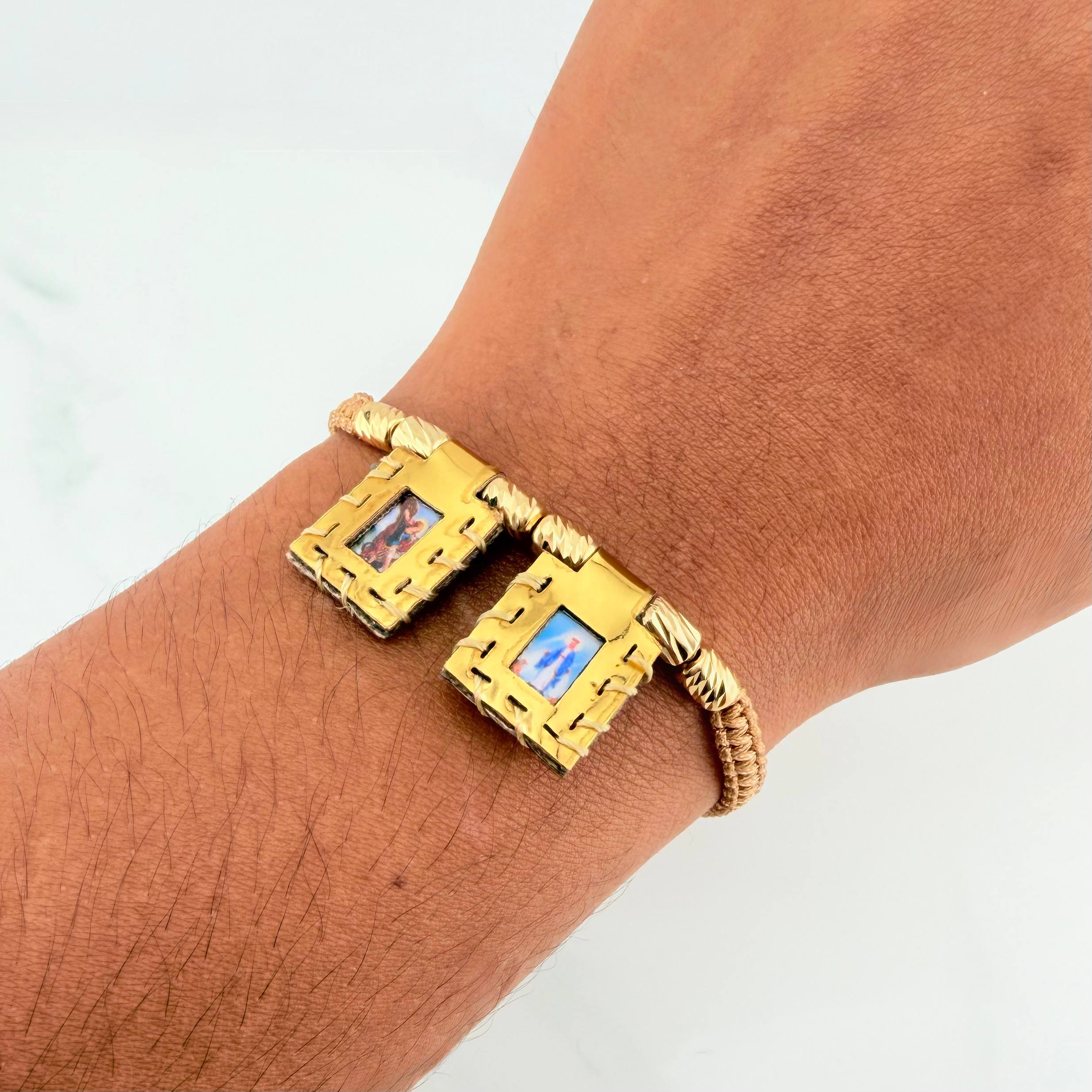 Woven Khaki Bracelet Scapular Diamond Cut Cylinders 6Units Yellow Gold 18K