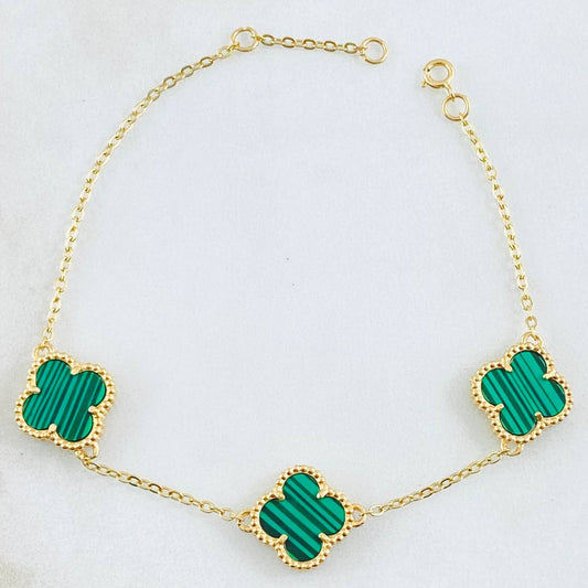 Pulso Aro seguido Trebol Malaquita Verde 5.1gr / 7 3/4 in / 12mm Oro Amarillo Nac.Esp. 18K