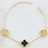 Clover Bracelet Black Onyx Diamond Cut White Zircon 5.1gr / 7in / 18K Gold