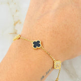 Clover Bracelet Black Onyx Diamond Cut White Zircon 5.1gr / 7in / 18K Gold