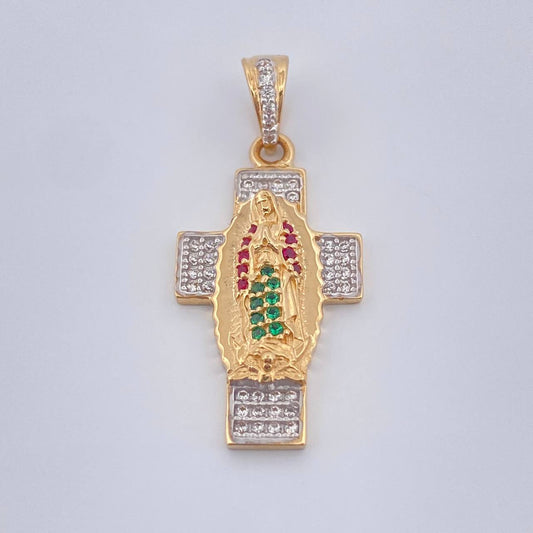 Dije Cruz Virgen Guadalupe 3.25gr / 1 1/4 in / Dos Oros Amarillo Blanco 18K %