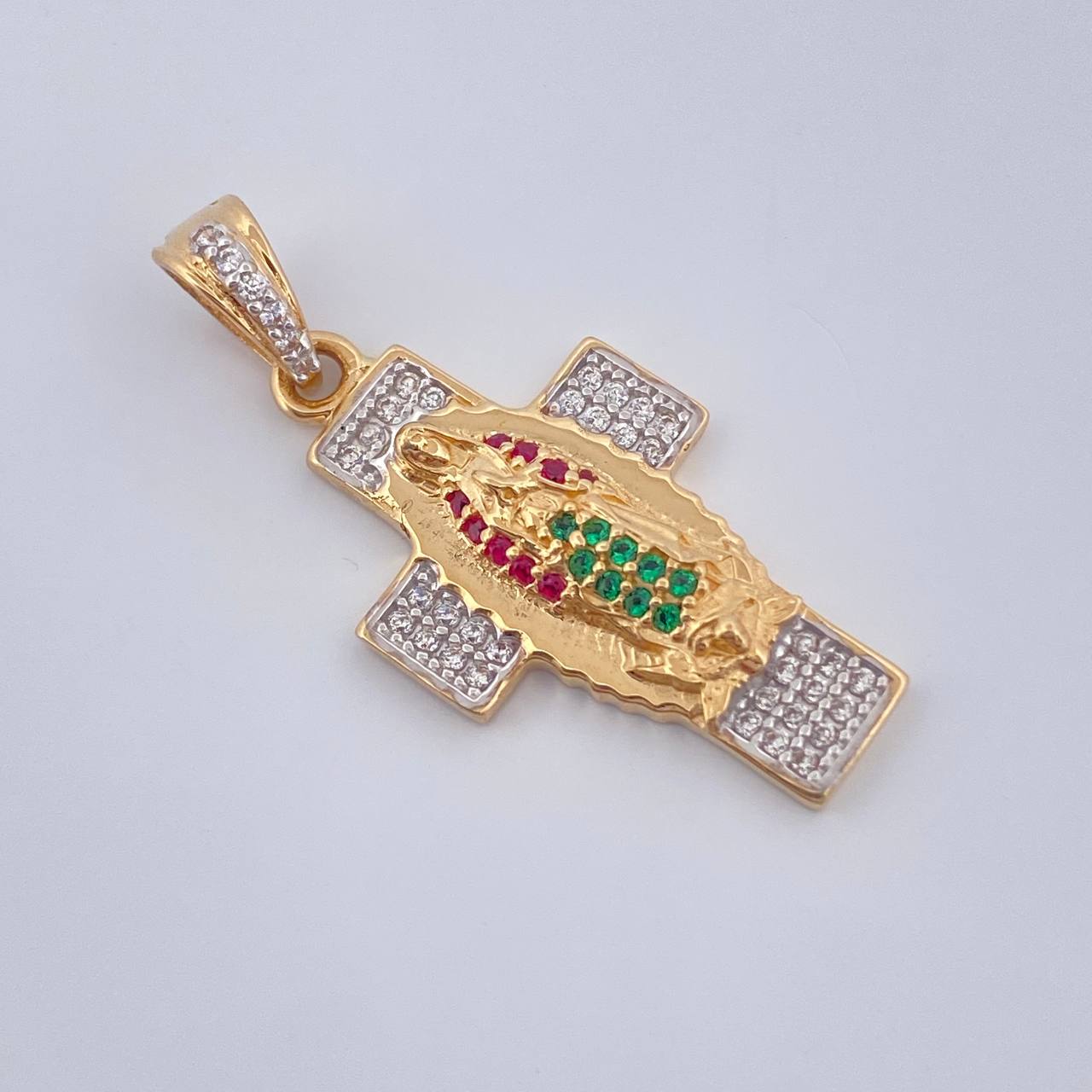 Dije Cruz Virgen Guadalupe 3.25gr / 1 1/4 in / Dos Oros Amarillo Blanco 18K %