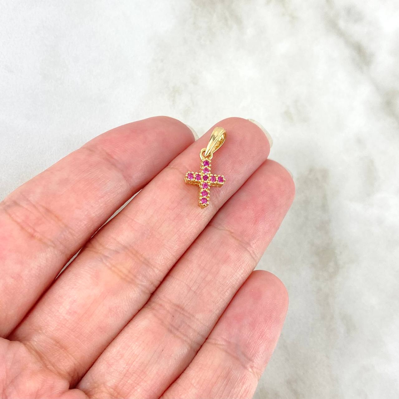 Dije Cruz Doble Faz 0.9gr / 1.8cm / Circones Blancos Fucsia Oro Amarillo 18K
