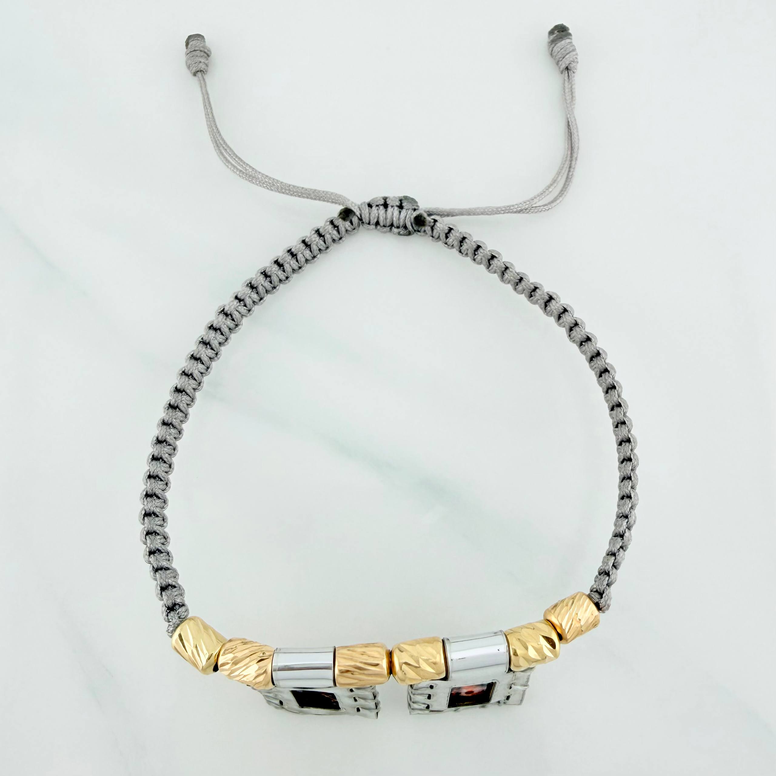 Pulsera Tejida Gris Escapulario Cilindros Diamantados 6 Und Oro Amarillo 18K