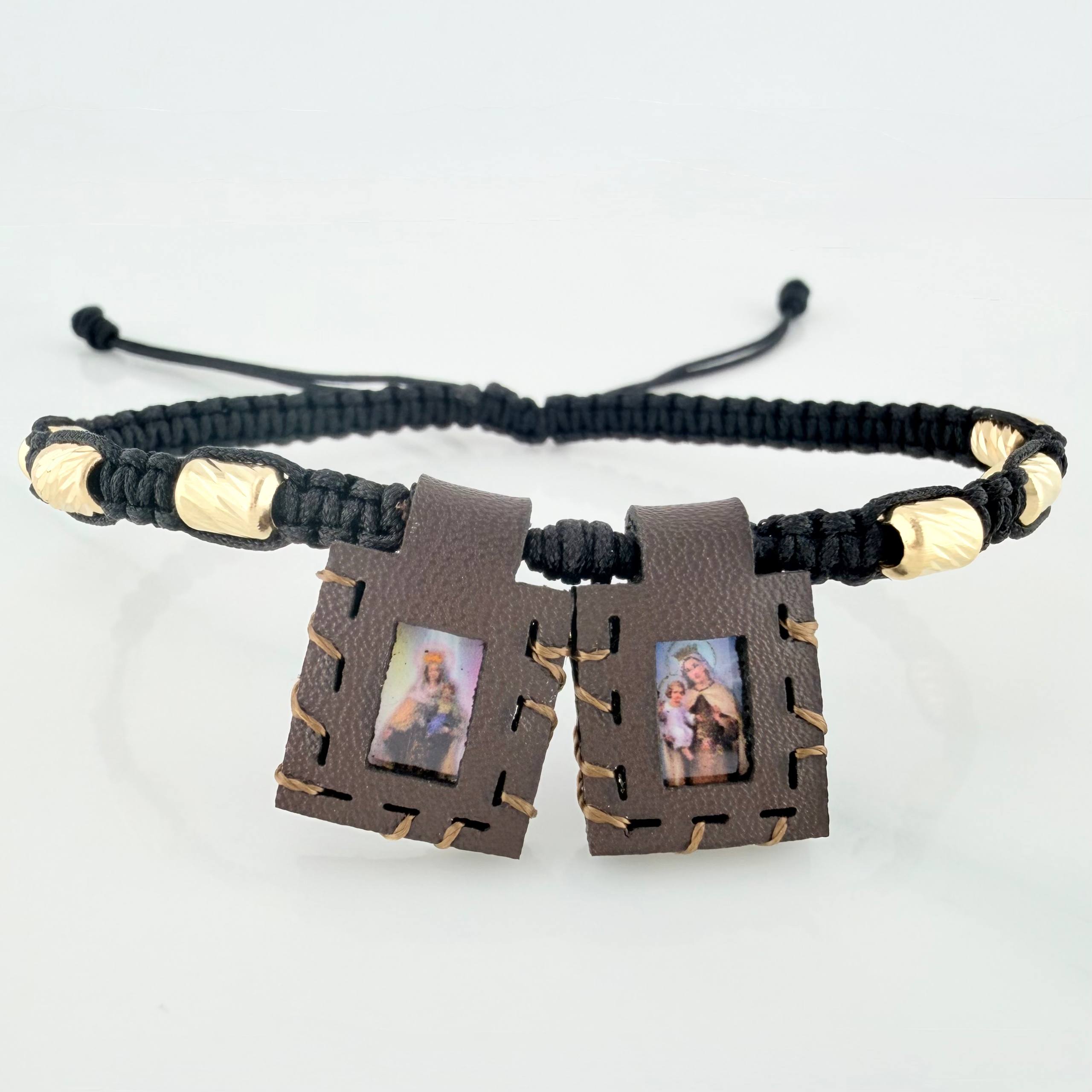 Pulsera Tejida Negra Escapulario Cilindros Diamantados 6Und Oro Amarillo 18K
