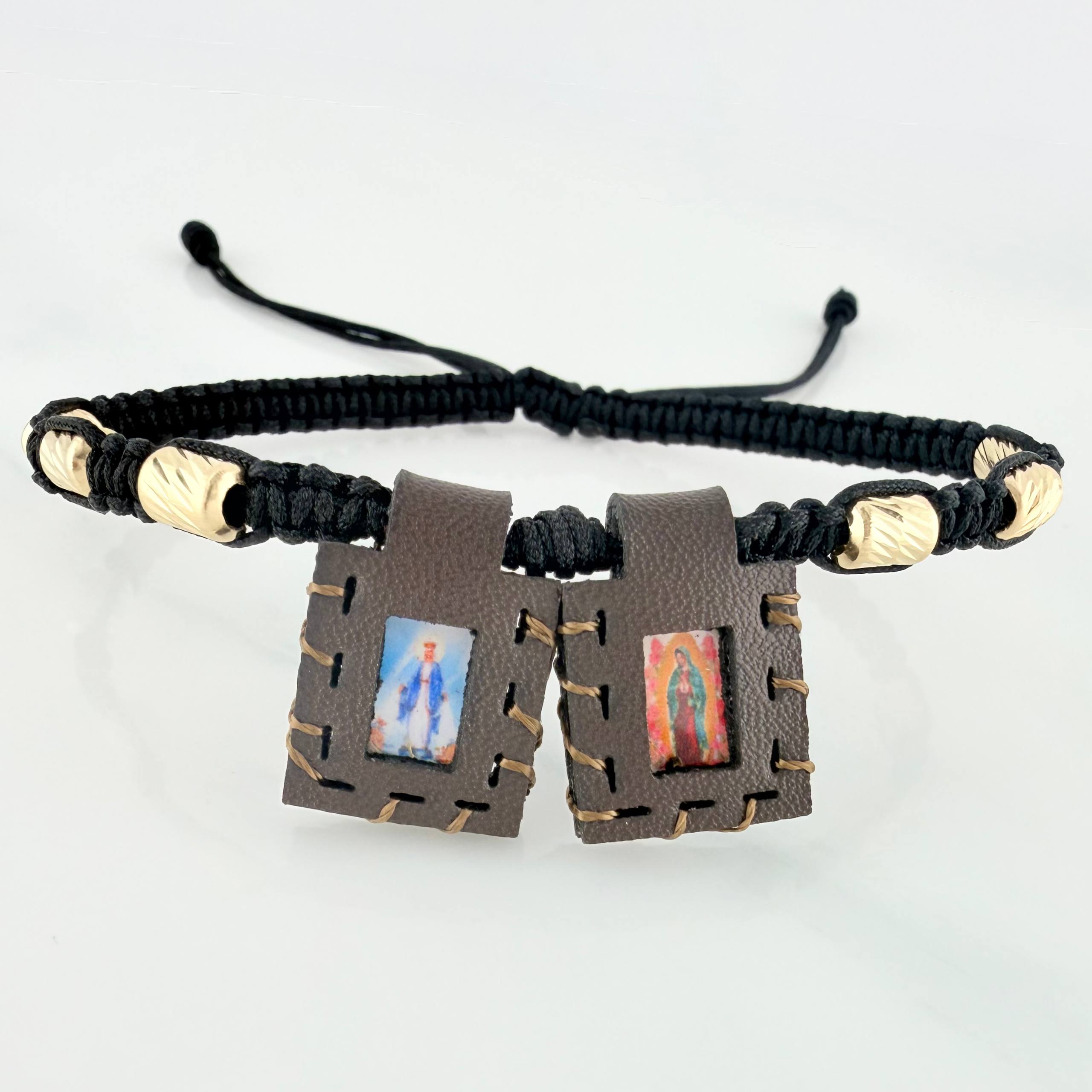 Pulsera Tejida Negra Escapulario Cilindros Diamantados 6Und Oro Amarillo 18K
