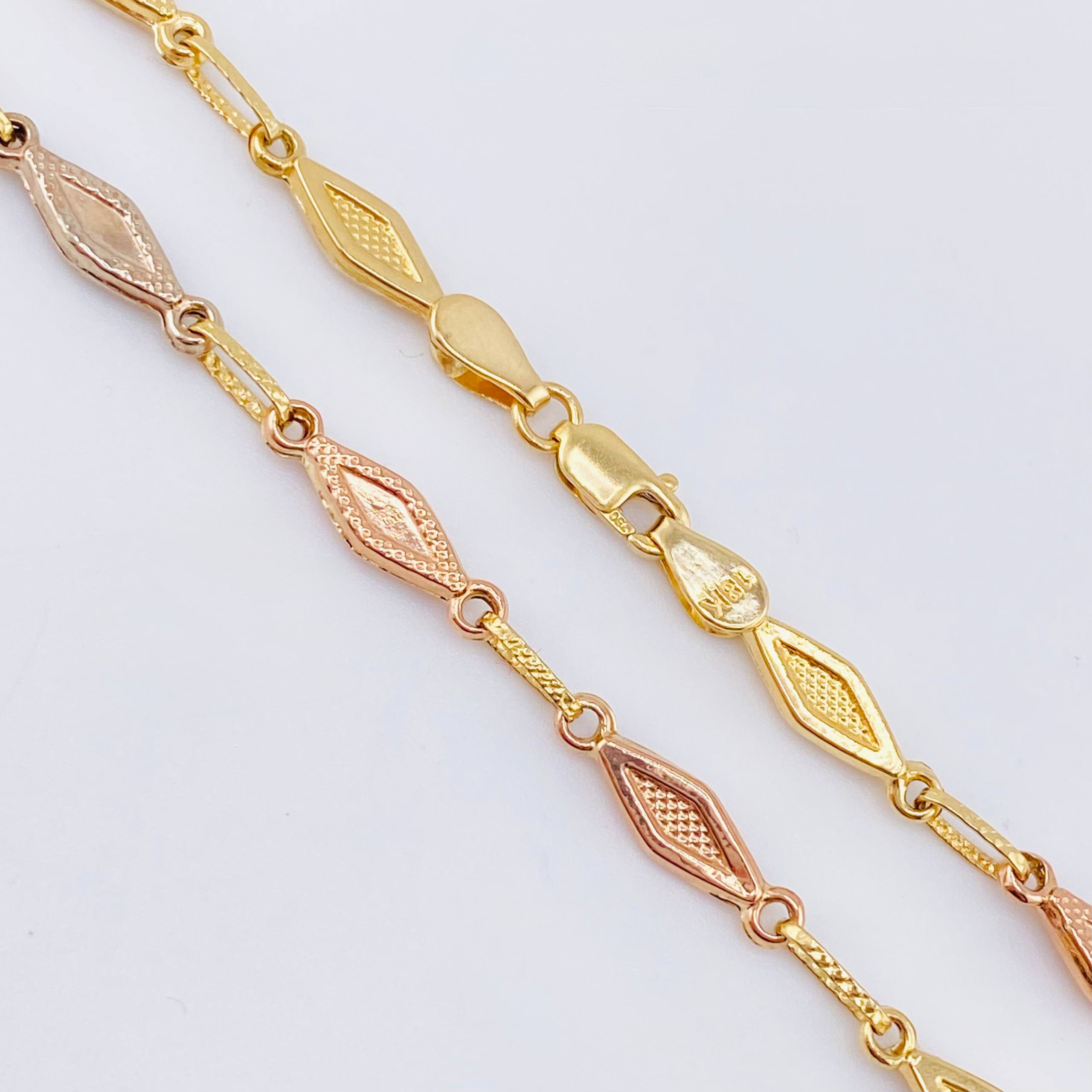 Rustic Chain Textured Rhombuses 9.4gr / 23 1/2 in / 4.2mm Three-tone 18K Gold