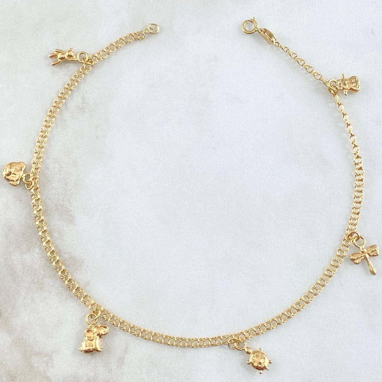 Tobillera Aro Seguido 3.45gr / 24.5cm / 2.2mm Oso TS-Elefante-Tortuga-Libelula-vaca Oro Amarillo 18K
