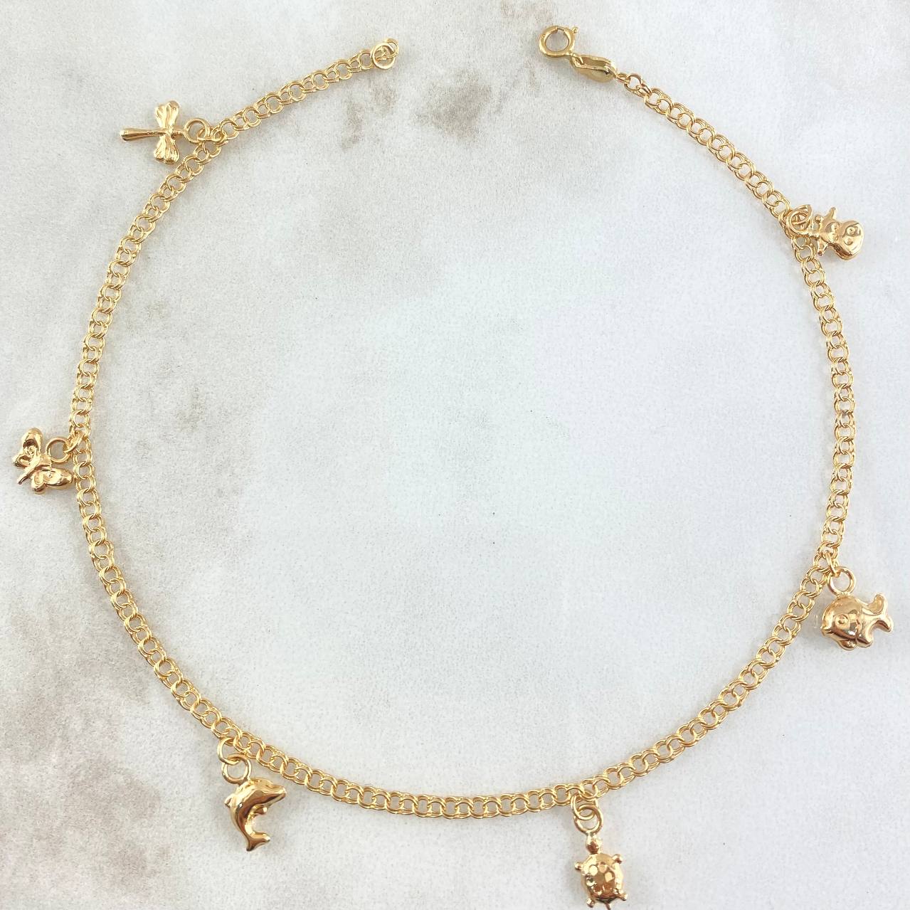 Tobillera Aro Seguido 3.5gr / 25.5cm / 2.2mm Vaca-Pez-Tortuga-Delfin-Libelula-Mariposa Oro Amarillo 18K