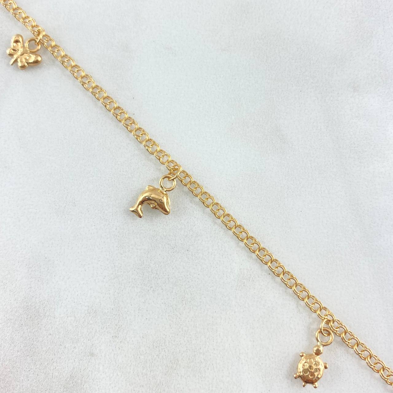 Tobillera Aro Seguido 3.5gr / 25.5cm / 2.2mm Vaca-Pez-Tortuga-Delfin-Libelula-Mariposa Oro Amarillo 18K