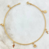 Tobillera Aro Seguido 3.35gr / 25.5cm / 2.2mm Rostro Reina-Crúz-Flor-Rayo-Luna-Estrella Oro Amarillo 18K