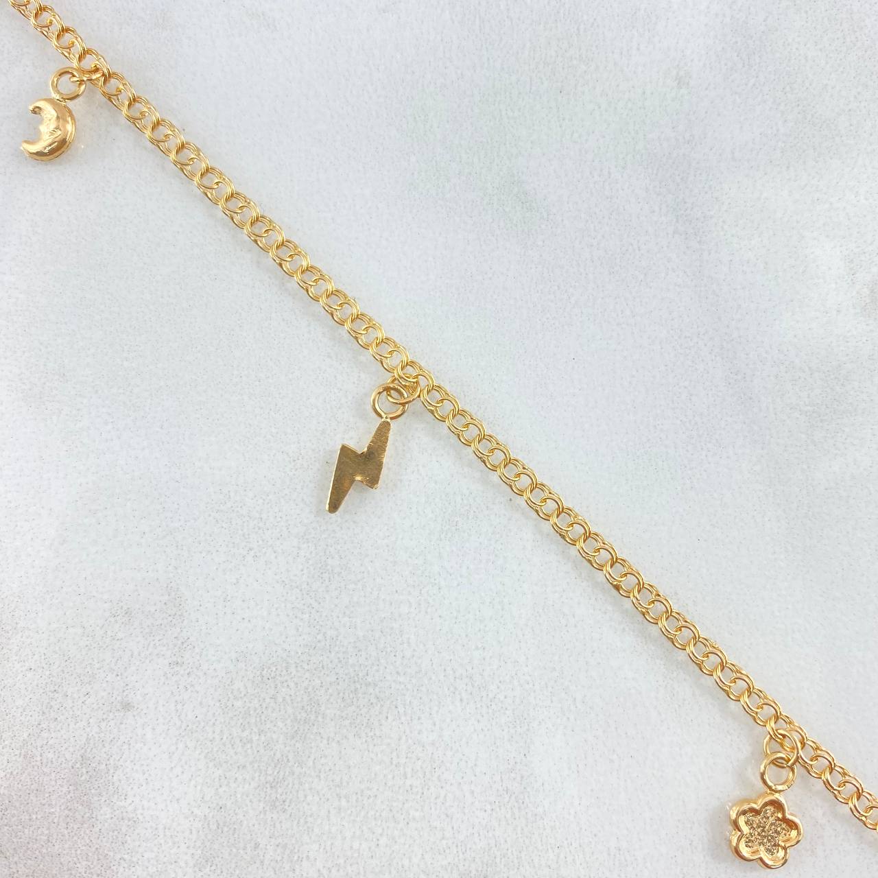 Tobillera Aro Seguido 3.35gr / 25.5cm / 2.2mm Rostro Reina-Crúz-Flor-Rayo-Luna-Estrella Oro Amarillo 18K