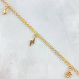 Tobillera Aro Seguido 3.35gr / 25.5cm / 2.2mm Rostro Reina-Crúz-Flor-Rayo-Luna-Estrella Oro Amarillo 18K