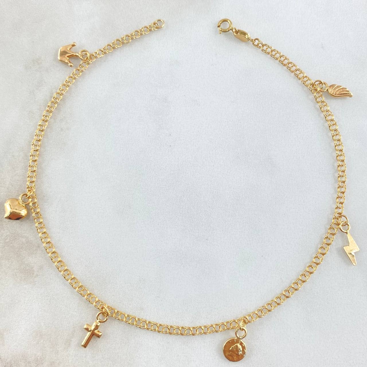 Ankle Bracelet Aro Seguido 3.35gr / 25cm / 2.2mm Crown-Heart-Cross-Face Queen-Light-Wing Yellow Gold 18K