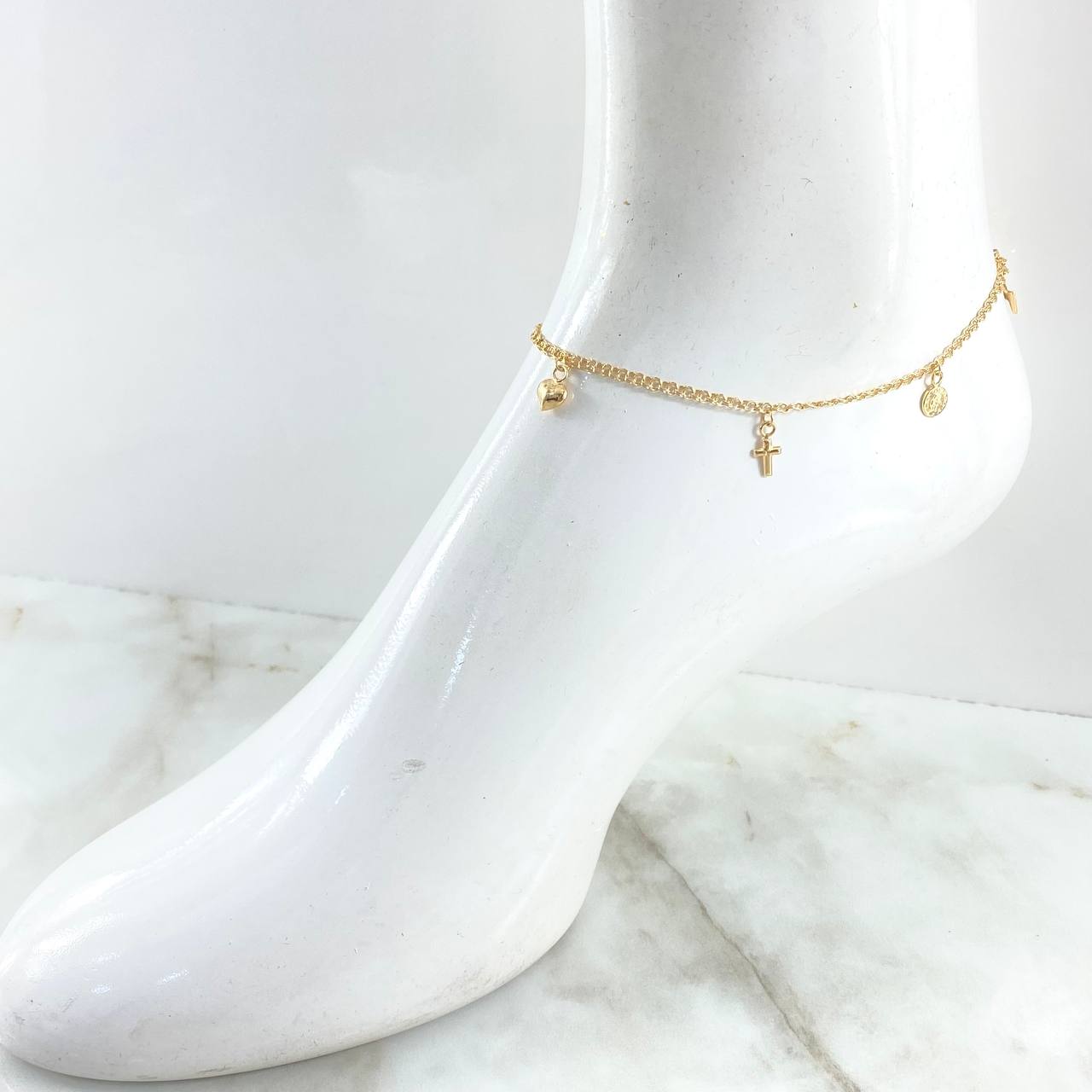 Ankle Bracelet Aro Seguido 3.35gr / 25cm / 2.2mm Crown-Heart-Cross-Face Queen-Light-Wing Yellow Gold 18K