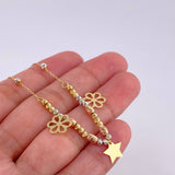 Classic Link Bracelet Pendant Flowers and Star 3.7g / 7 1/4 in / 3mm Three Golds 18K