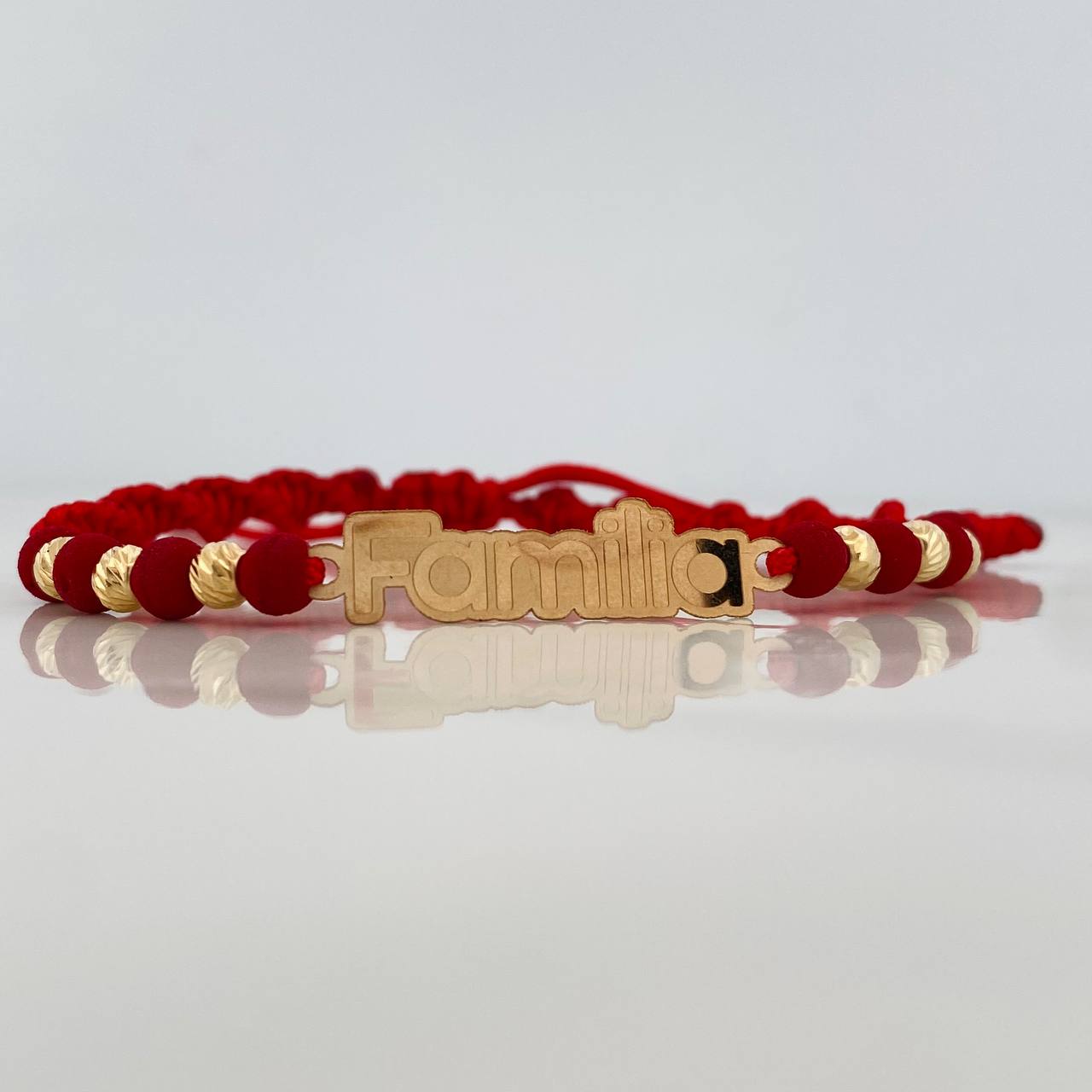 Red Woven Bracelet Charm Family Plate Yellow Gold 18K