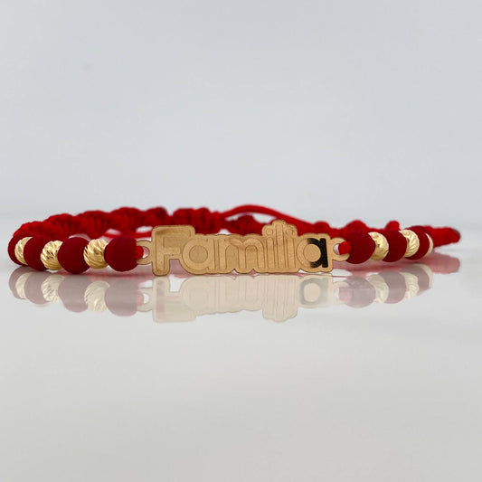 Pulsera Tejida Rojo Herraje Placa Familia Oro Amarillo 18K