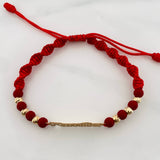 Red Woven Bracelet Charm Family Plate Yellow Gold 18K