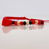 Red Woven Bracelet Protection 5 Diamond Cut Beads Yellow Gold 18K