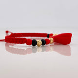 Red Woven Bracelet Protection 5 Diamond Cut Beads Yellow Gold 18K