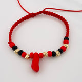 Red Woven Bracelet Protection 5 Diamond Cut Beads Yellow Gold 18K