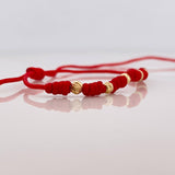 Woven Red Bracelet Seven Knots 6 Diamond Cut Beads Yellow Gold 18K